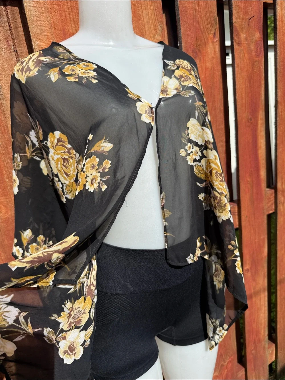 Forever 21 Black Yellow Floral Sheer Chiffon Kimono Cardigan Size S
